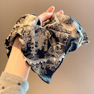 新中式 水墨印花缎面方巾大肠发圈女高级感气质头饰超大方形发绳