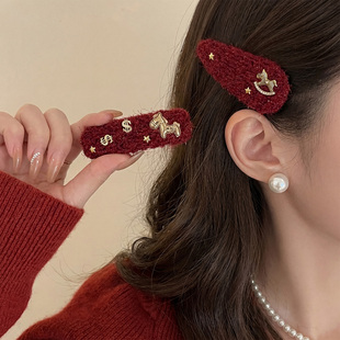 红色小香风小马发夹边夹侧边女新年头饰碎发刘海夹子秋冬新款发卡