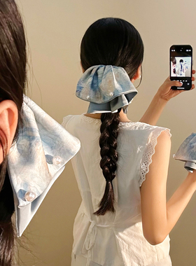 油画风蓝色星空珍珠裙摆马尾抓夹女高级感温柔气质后脑勺发夹头饰