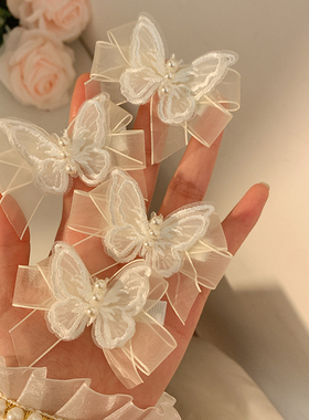 超仙白色网纱蝴蝶珍珠发夹女森系仙美蝴蝶结小号发卡侧边编发头饰