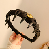 黑色缎面金标带齿防滑发箍女法式 气质高颅顶发卡头饰洗脸压发头箍