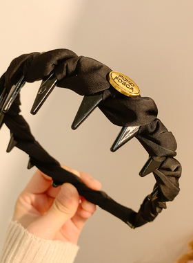 黑色缎面金标带齿防滑发箍女法式气质高颅顶发卡头饰洗脸压发头箍