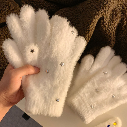 软糯星星！白色毛绒分指手套