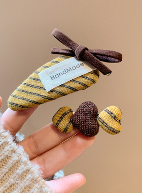 韩系复古黄色条纹蝴蝶结爱心发夹女边夹侧边发卡高级感刘海夹秋冬