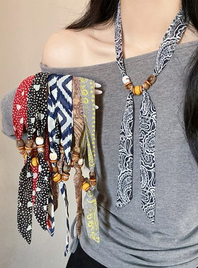 百搭黑色腰果花丝巾项链女新款高级感韩系复古系脖围巾配饰设计感