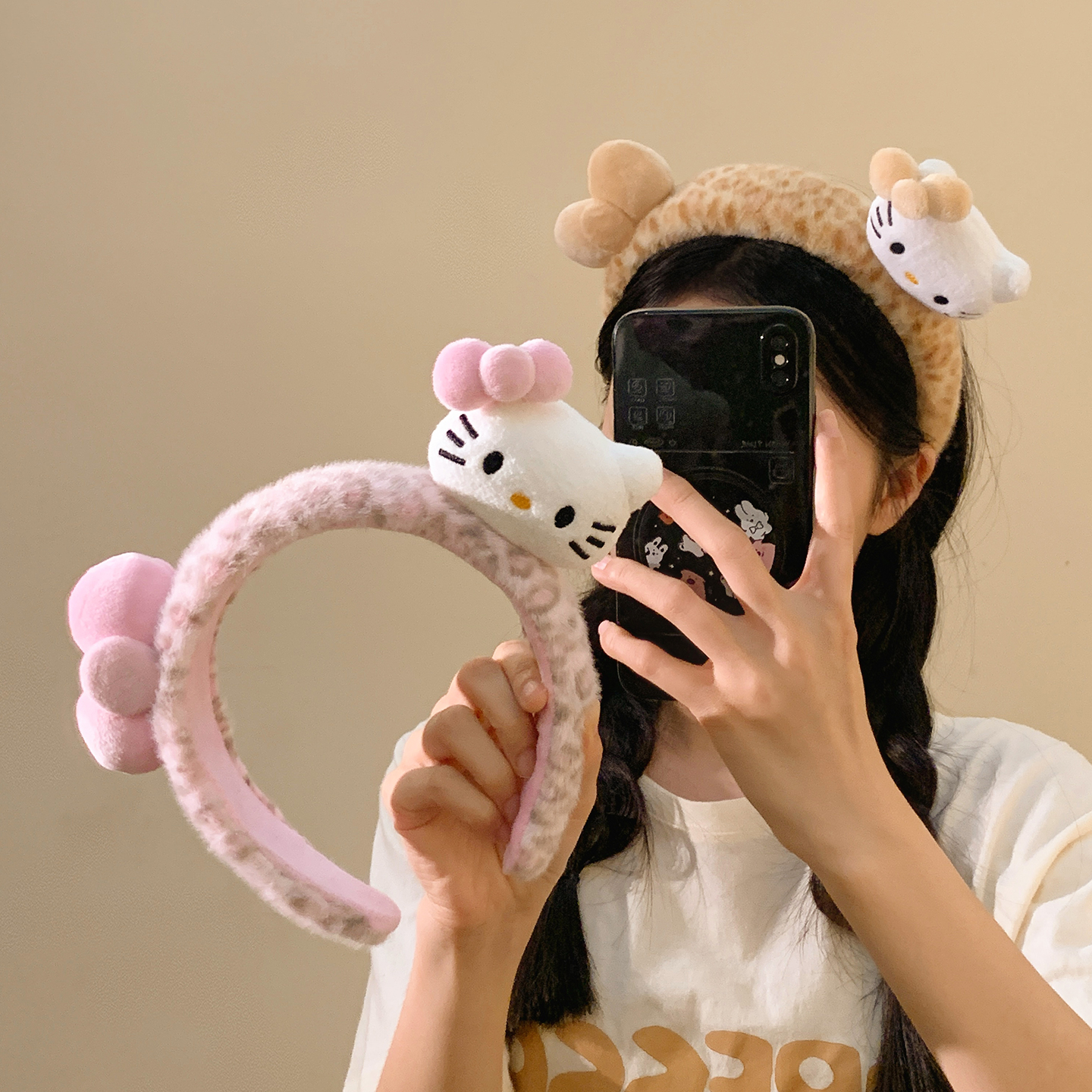 粉色豹纹Kitty蝴蝶结毛绒发箍