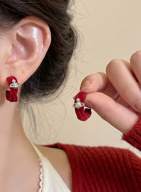 红色丝绒星球耳环女轻奢时尚耳钉韩系复古氛围感拍照耳饰高级感