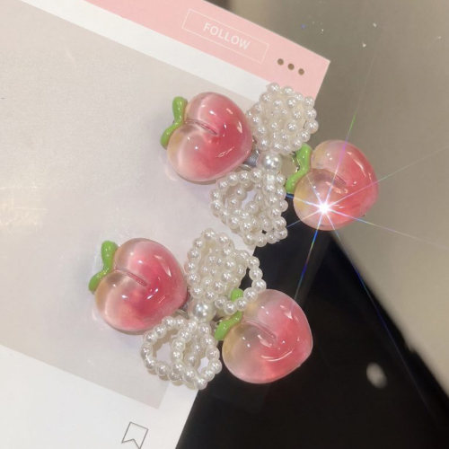可爱粉色水蜜桃珍珠发夹边夹