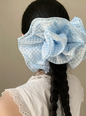 超大号~韩系蓝色格子大肠发圈女高级感丸子头慵懒风头绳扎头发饰
