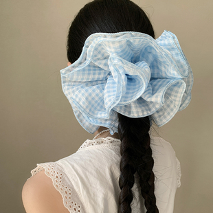 超大号 韩系蓝色格子大肠发圈女高级感丸子头慵懒风头绳扎头发饰
