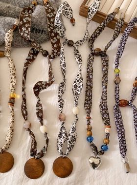 复古碎花串珠丝巾项链女款抽拉