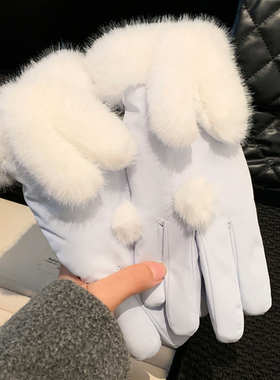 蓝色兔耳朵毛绒滑雪手套女防风