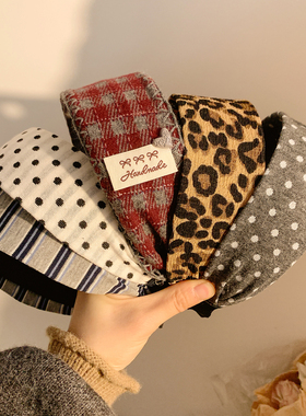 复古简约灰色波点格子宽边发箍女慵懒风韩系时髦头饰压发洗脸头箍