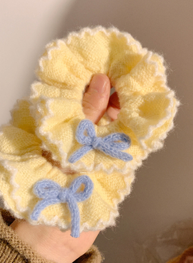 奶黄色针织双层蝴蝶结大肠发圈女高级感甜美可爱头饰韩系扎发头绳