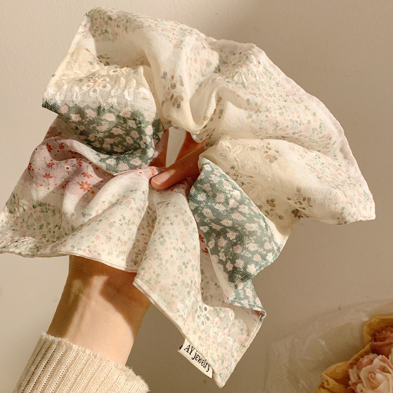 春棠碎影~绿色碎花方巾大肠发圈