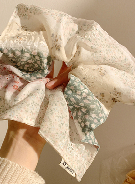 春棠碎影~绿色碎花方巾大肠发圈女森系慵懒风头饰超大号方形发绳