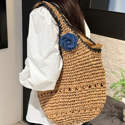 牛仔山茶花草编大容量包包海边