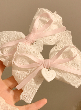 温柔白桃~Lolita粉色蝴蝶结爱心发夹边夹侧边法式温柔鸭嘴夹头饰