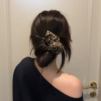 韩系复古咖色豹纹蝴蝶结大肠发圈