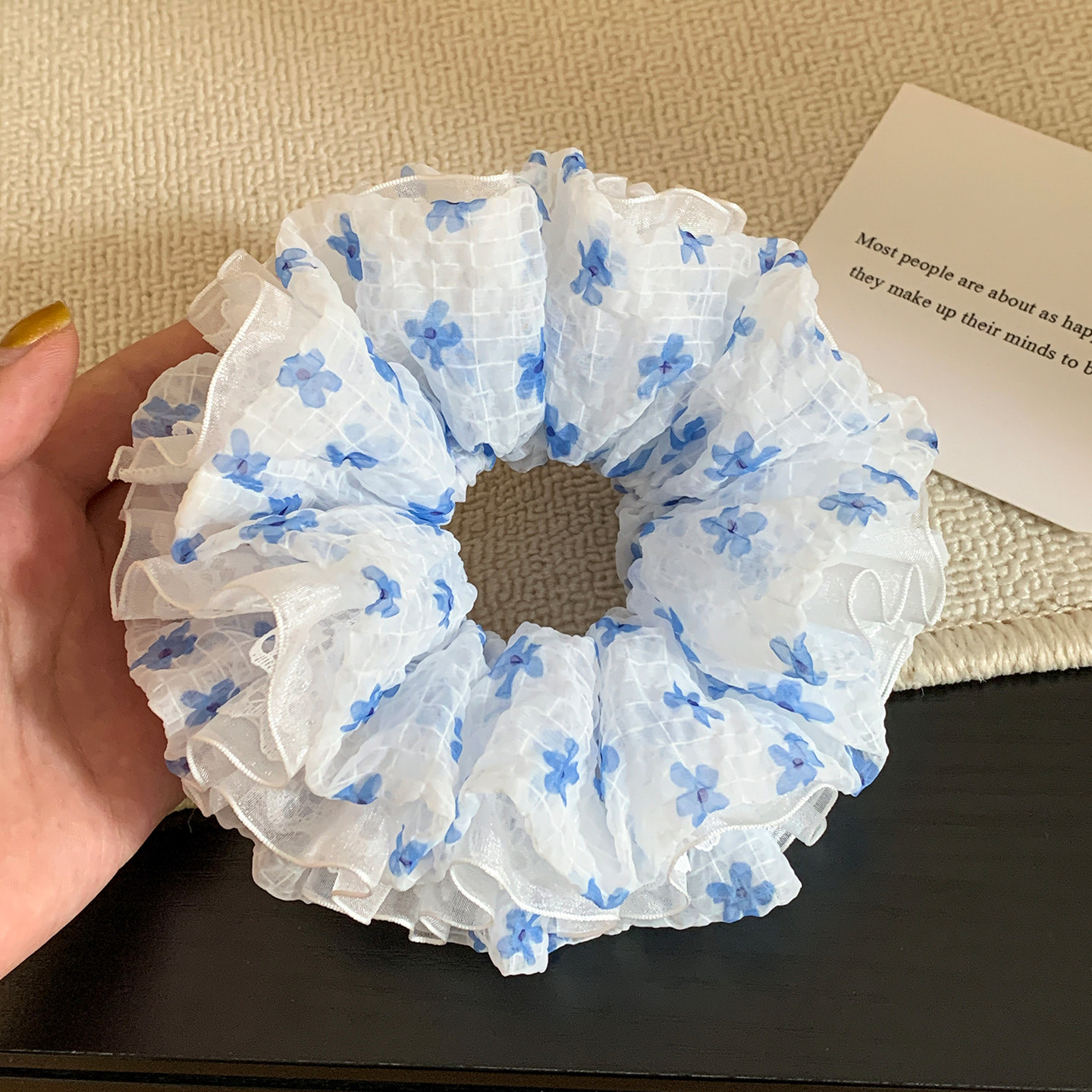 韩系蕾丝蓝色碎花大肠发圈图片