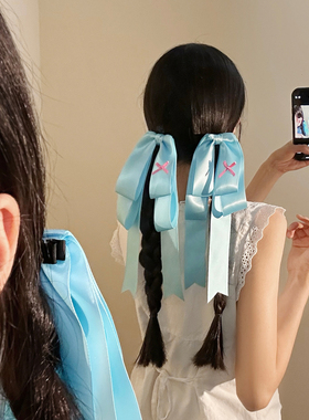 芭蕾风可爱垂耳兔蓝色缎面蝴蝶结丝带发夹女双马尾洛丽塔头饰发卡