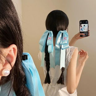 芭蕾风可爱垂耳兔蓝色缎面蝴蝶结丝带发夹女双马尾洛丽塔头饰发卡