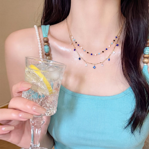 轻奢精致叠戴蓝白水晶项链女百搭