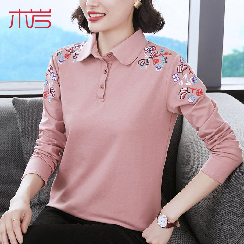 妈妈翻领长袖t恤女秋冬纯棉中年妈妈春秋打底衫秋装百搭宽松上衣