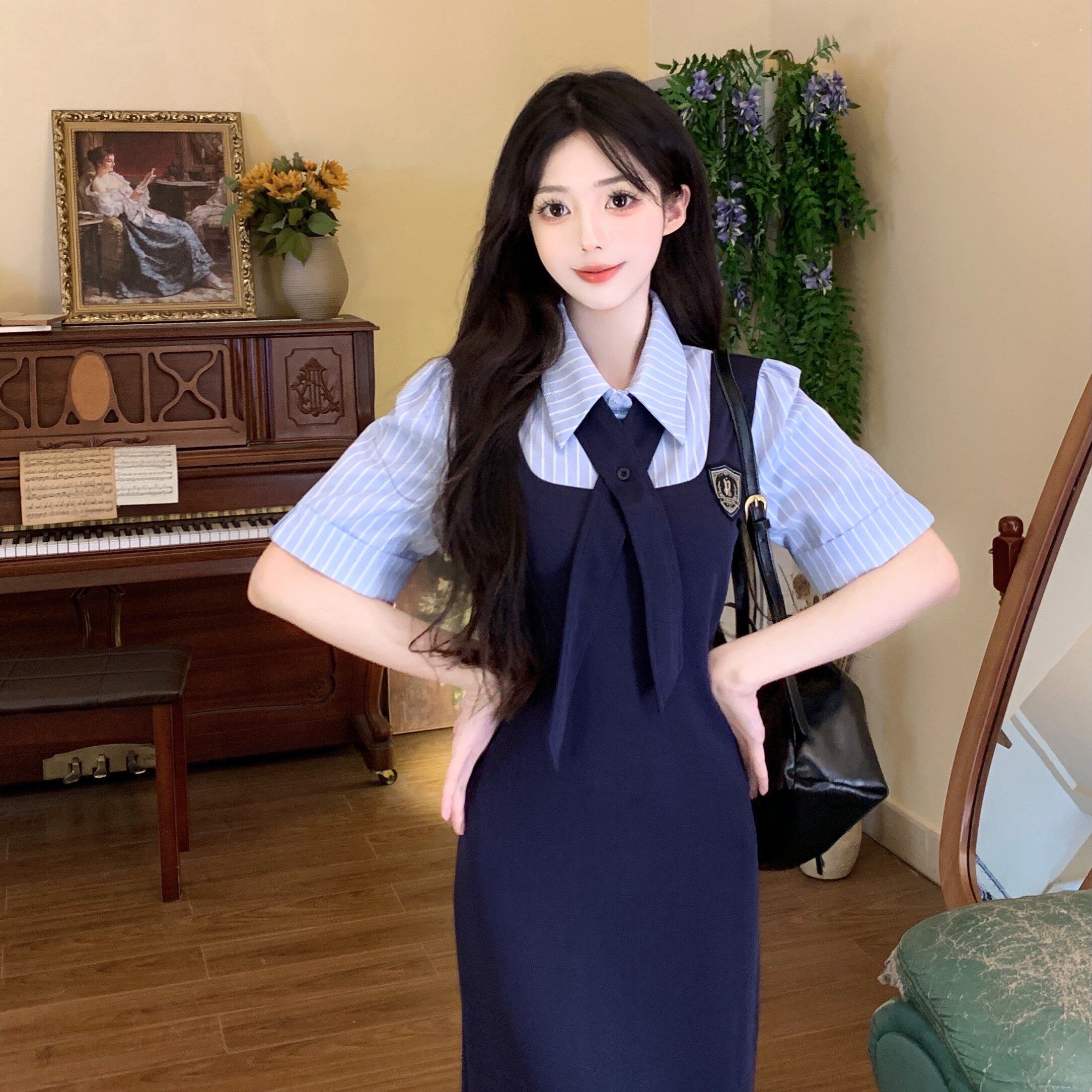 大码胖mm赫拉学姐 绀蓝色美式甜辣学院风收腰显瘦JK制服cos裙子女