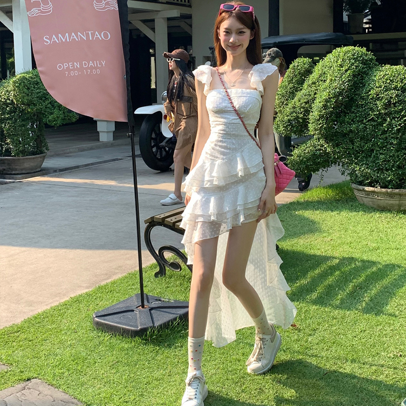 ffcheer羽野山漫 印花波点小飞袖连衣裙夏季女不规则辣妹拖尾长裙