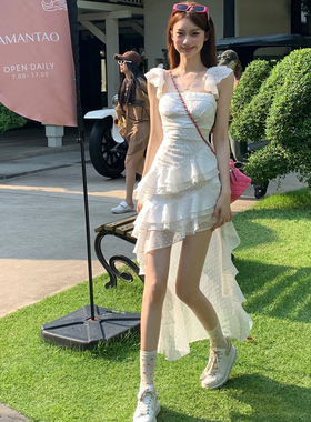 ffcheer羽野山漫 印花波点小飞袖连衣裙夏季女不规则辣妹拖尾长裙