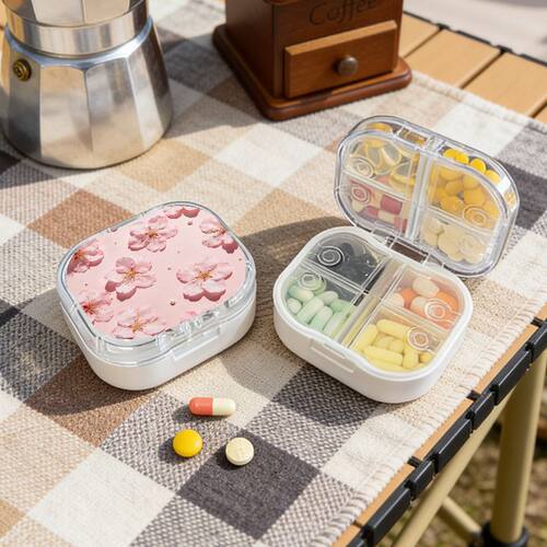 粉樱平铺旅行出差便携收纳八格药盒一周药片分装密封防潮随身药盒
