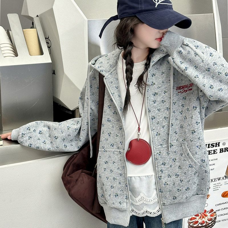 女童拉链衫卫衣小女孩休闲碎花外套少女运动装灰色衣服上衣户外潮