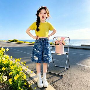 女童夏季套装2026新款儿童洋气冰丝短袖毛衣休闲印花牛仔裤两件套