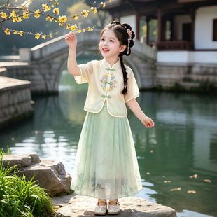 女童套裙2026新款中大童洋气国风刺绣汉服夏季短袖马面裙两件套