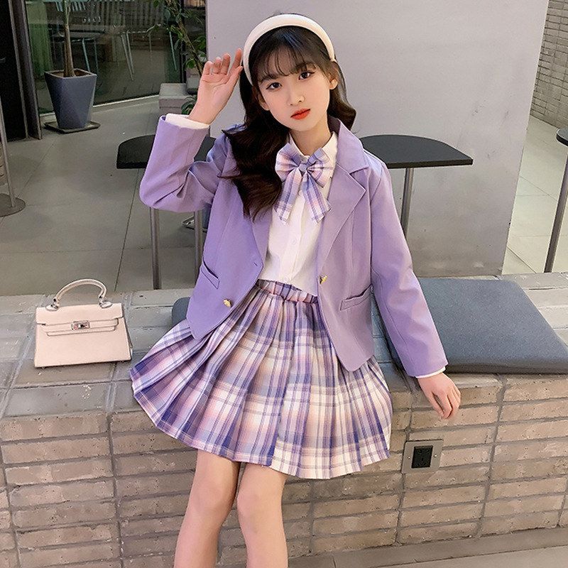 女童春秋套装学院风穿搭2026新款女孩洋气外套衬衣JK百褶裙三件套