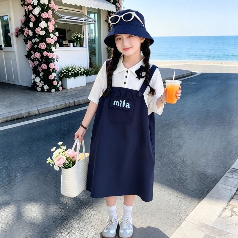 女童假两件连衣裙夏季2026新款韩版洋气短袖公主裙儿童大童宽松裙