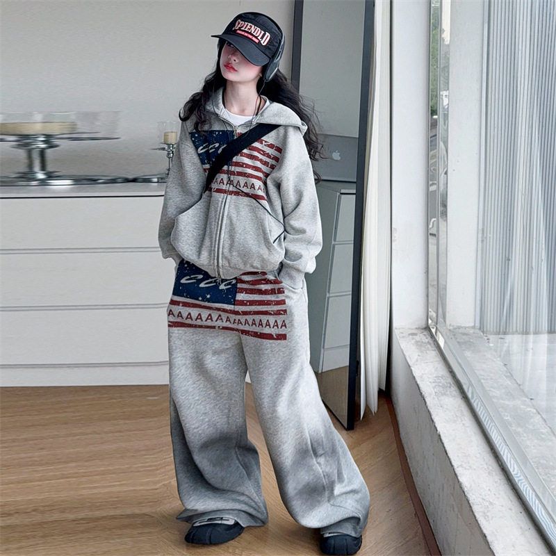 女童秋季美式潮牌字母连帽开衫