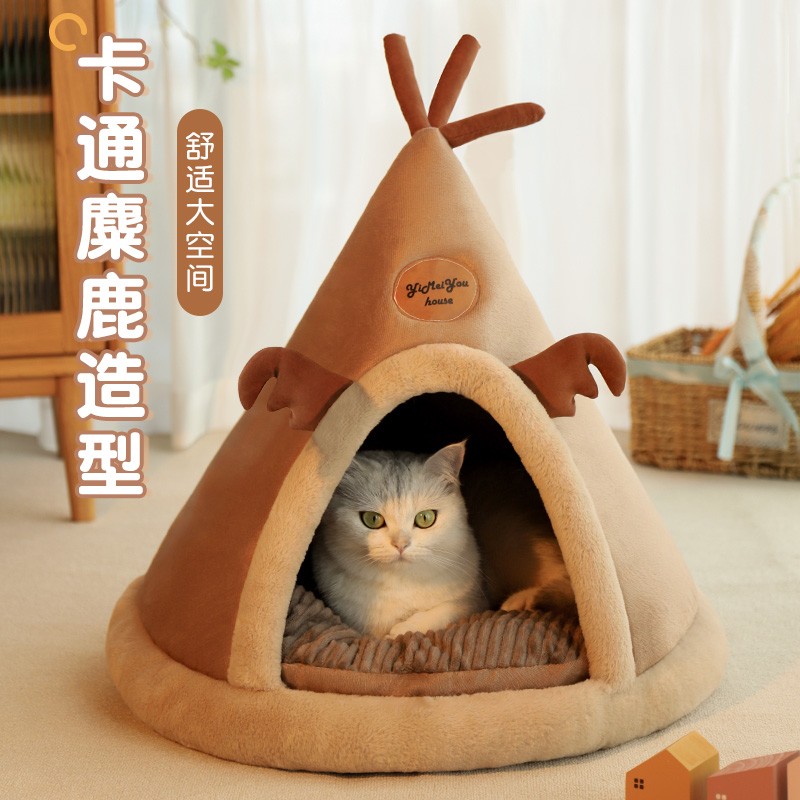 猫窝冬天保暖封闭式安全猫睡袋垫子可水洗麋鹿蒙古包造型猫床猫屋
