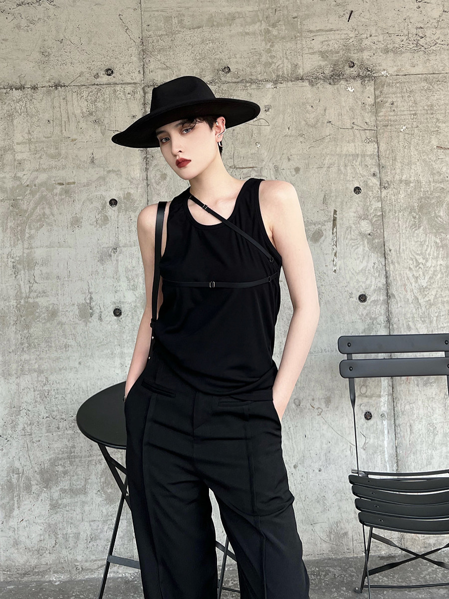 everdana山本暗黑纯色禁欲系织带设计感背心男女情侣无袖打底衫