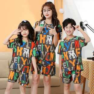 儿童睡衣夏季薄款t恤小女孩短袖冰丝套装中男亲子透气家居空调服
