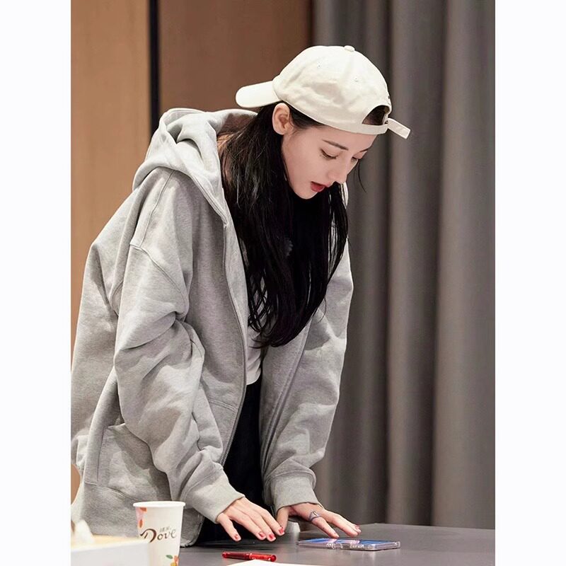 迪丽热巴同款灰色卫衣2025新款chic早春外套女春秋款即墨开衫春季