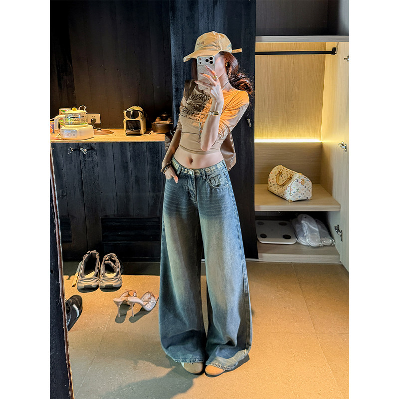 郑小亮印花腰头阔腿牛仔裤女2026秋季新款宽松显瘦低腰垂感拖地裤