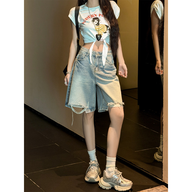 郑小亮美式破洞个性牛仔五分裤女低腰2026夏季薄款宽松时尚中裤潮