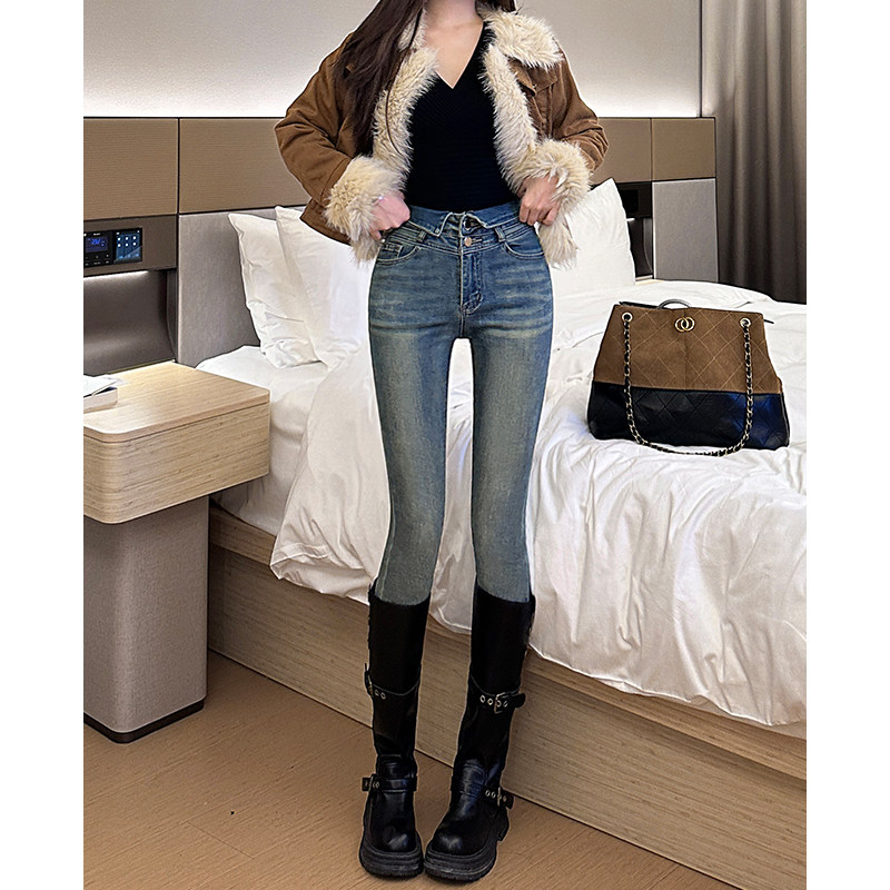蓝色高腰紧身小脚牛仔裤女2026年秋季新款洋气显瘦弹力休闲铅笔裤