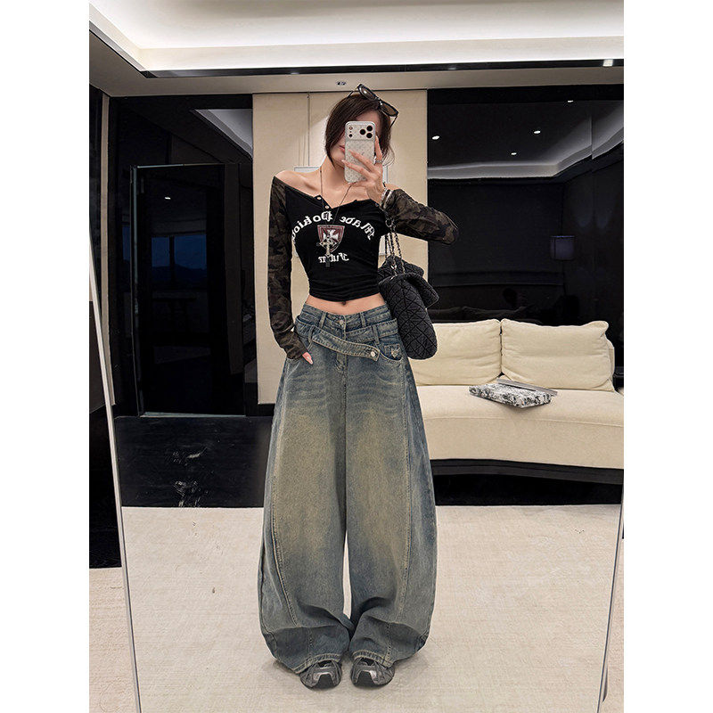 郑小亮美式个性低腰弯刀牛仔裤女2026秋季新款宽松洋气阔腿拖地裤