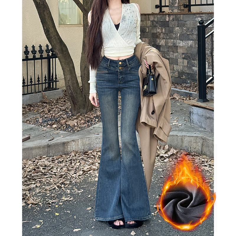 美式辣妹加绒微喇叭牛仔裤女2025秋冬新款高腰修身显瘦马蹄裤洋气,女装/女士精品,牛仔裤,淘宝优惠券,粉丝福利购,淘宝优惠卷