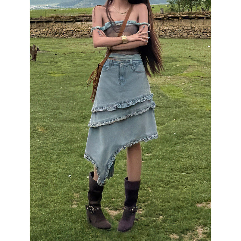 郑小亮荷叶边不规则高腰牛仔裙女2026夏季薄款宽松显瘦洋气半身裙