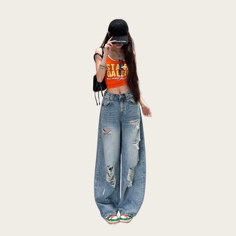 前后破洞弯刀牛仔裤女2026秋季新款高腰宽松显瘦设计感阔腿拖地裤