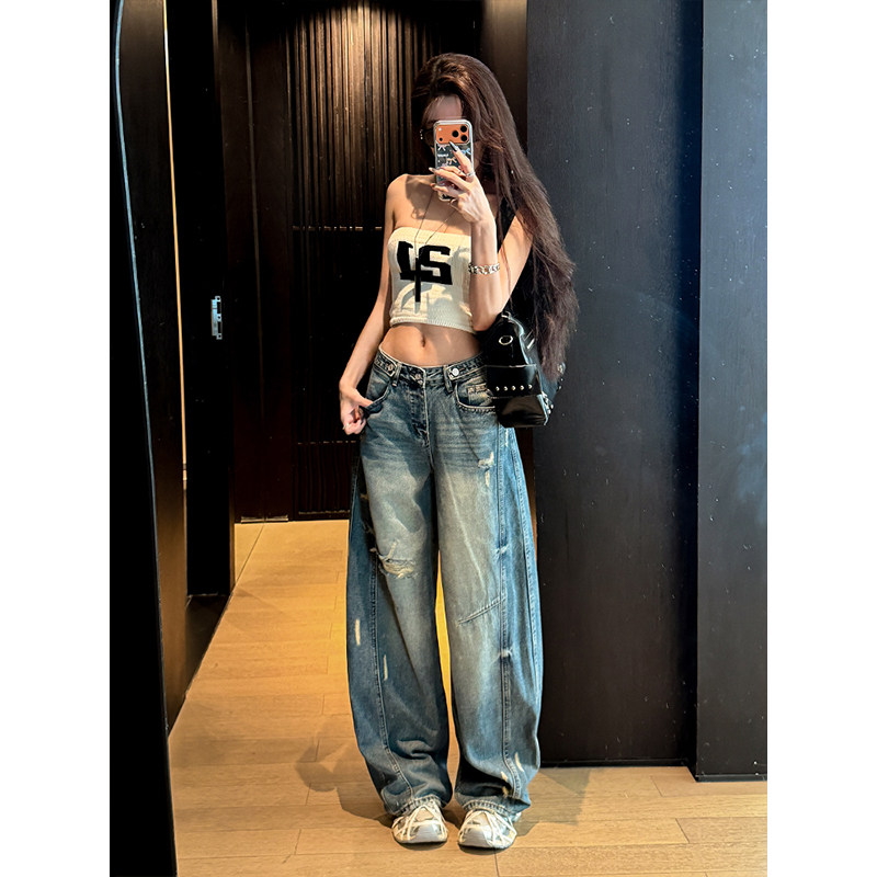 郑小亮美式破洞弯刀牛仔裤女宽松2026秋季新款显瘦时尚阔腿拖地裤